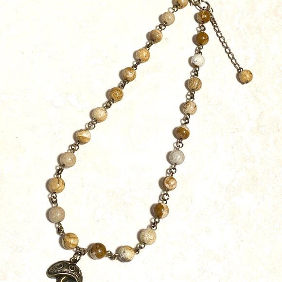 Genuine Yellow Picture Jasper Short Necklace, Bronze Round Mushroom + Gemstone - Picture 12 of 15